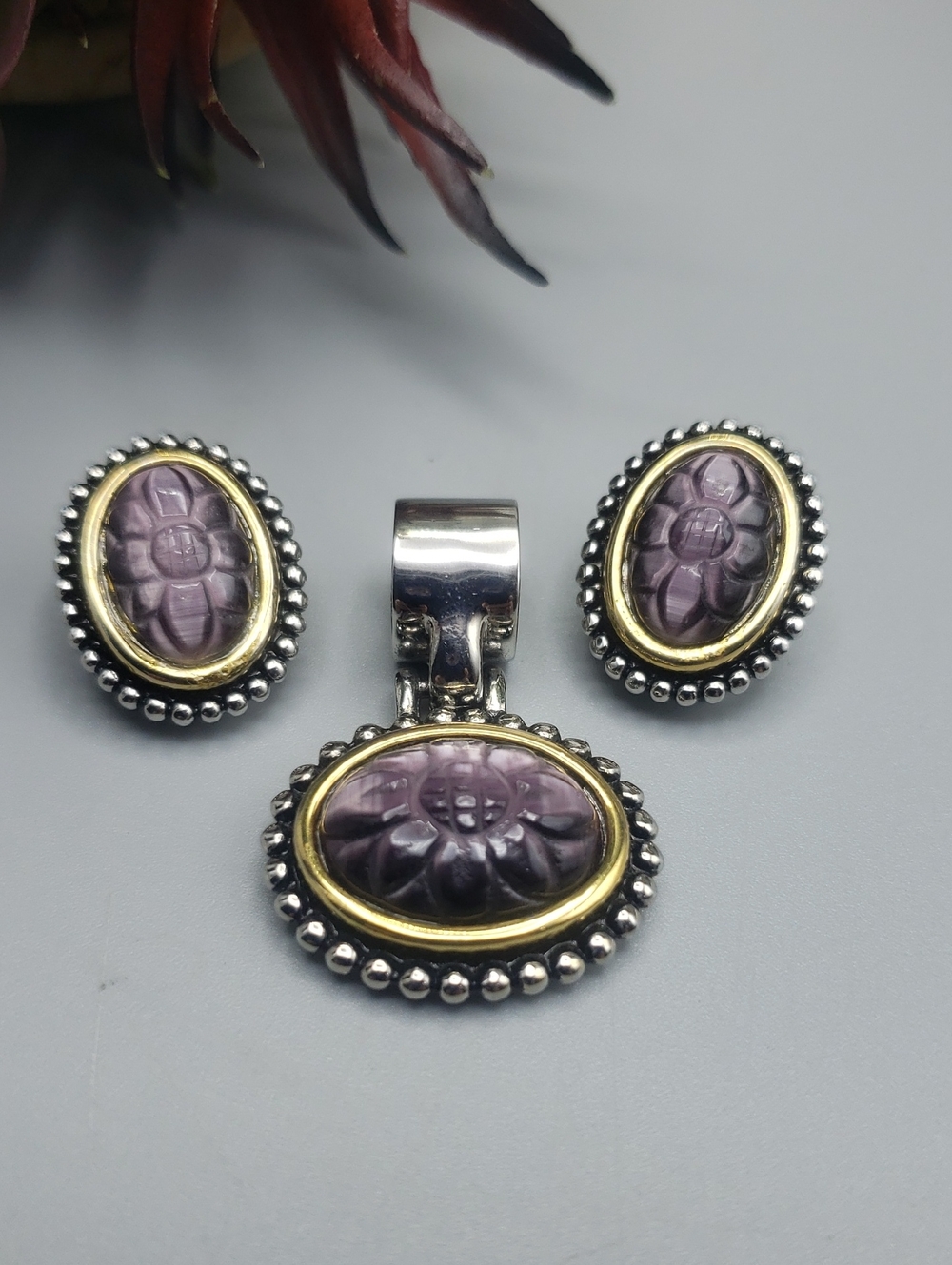 Purple Engraved Glass w/ Two-Toned Setting - Pendant & Earring Set - Artisan